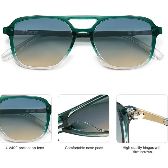Women\'s Green Trendy Rectangle Retro Aviator Sunglasses Elegant Frame Design